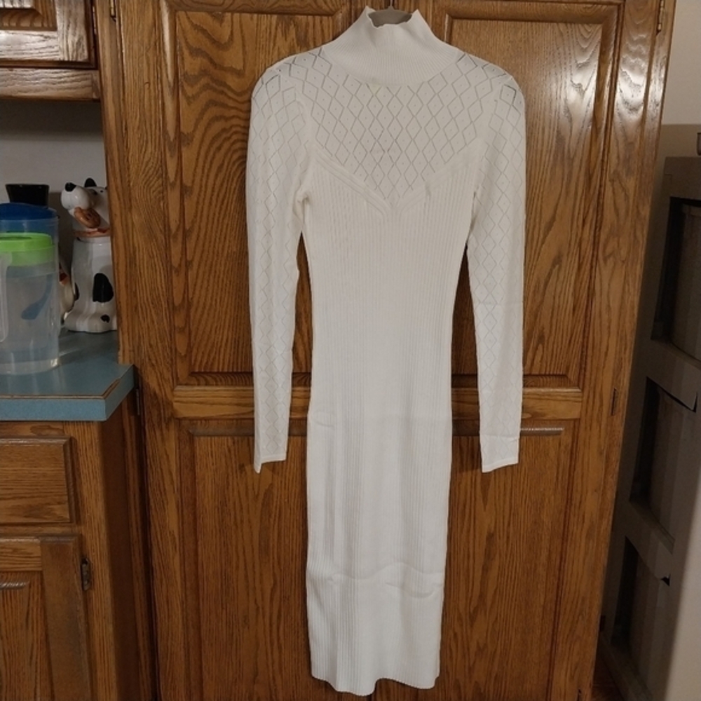 Sofia Jeans By Sofia Vergara NWT Pointelle Knit Ribbed Midi Dress Medium Ivory